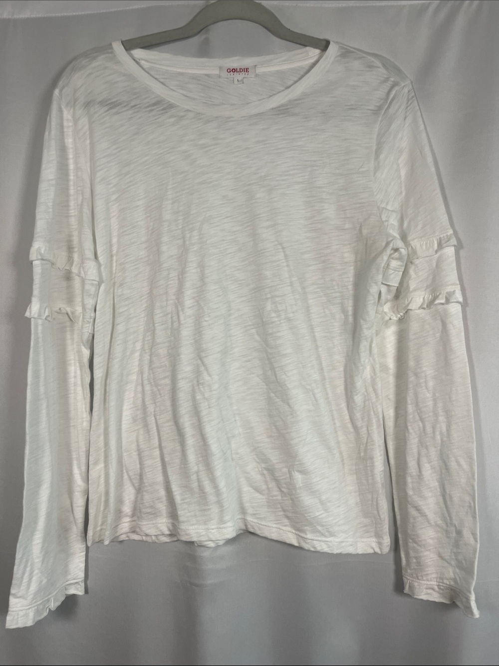 Goldie LeWinter long sleeve tee white cotton ruffle 100% Pima cotton sz L